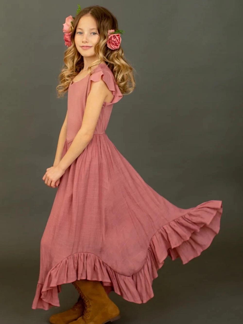 NWT Joyfolie Kamea Photoshoot Girls Ashe Rose Ruffled Maxi Dress